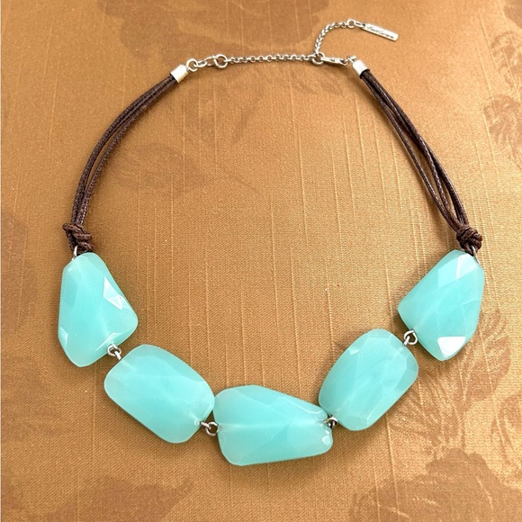 Kenneth Cole Aqua Sea Foam Stone Beads Brown Leather Cord Necklace Adjustable - Picture 1 of 11